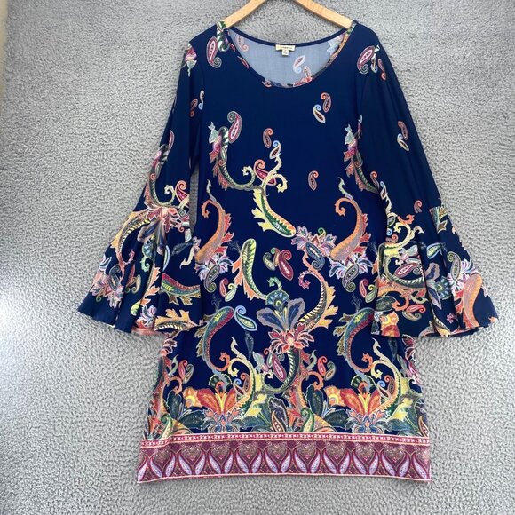 Haani Dress Womens Large Navy Multi Paisley Shift Bell Sleeve Jersey Knit Mini - Picture 1 of 9